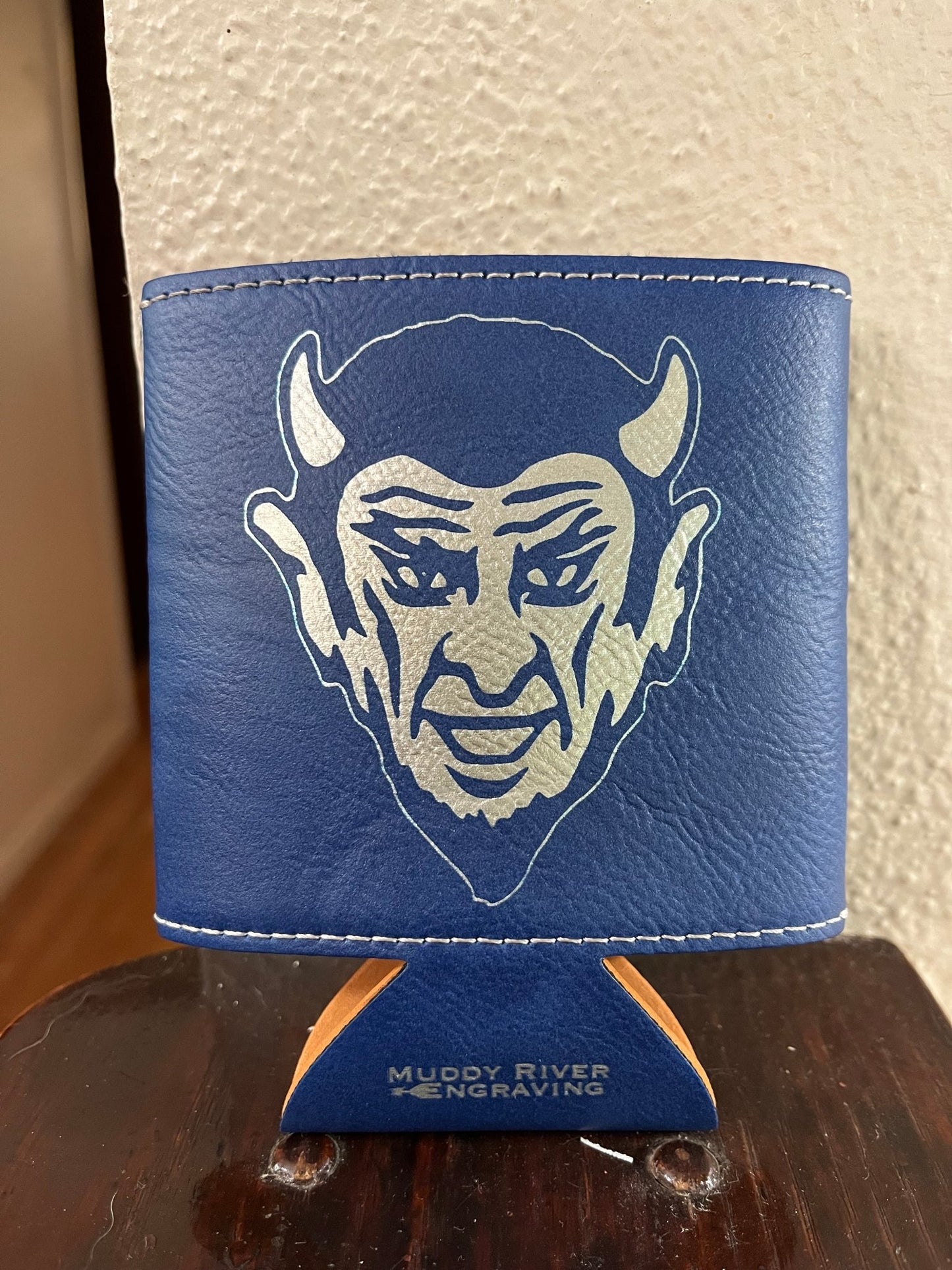 QHS Blue Devil Leather Koozie - Muddy River Engraving