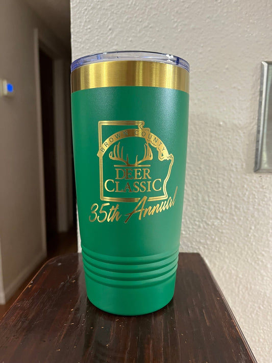 Custom 20 Ounce Tumbler Green/Gold - Muddy River Engraving